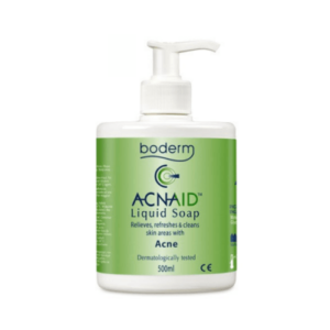 Μπουκάλι Boderm Acnaid Liquid Soap 500 ml με δοσομετρητή αντλίας για ανακούφιση από την ακμή και καθαρισμό του δέρματος. Ιδανικό για καθημερινή χρήση για να διατηρεί καθαρό και υγιές δέρμα.