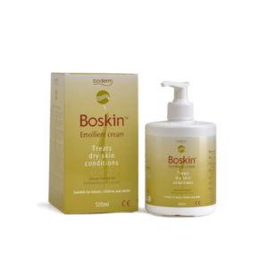 Μπουκάλι Boderm Boskin Emollient Cream 500 ml με αντλία και κουτί αντιμετωπίζει παθήσεις ξηρού δέρματος και είναι κατάλληλο για όλες τις ηλικίες.