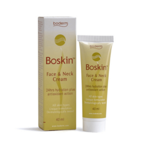 Boderm Boskin Face & Neck 40 ml με συσκευασία, που παρέχει 24ωρη ενυδάτωση και αντιοξειδωτικά οφέλη, κατάλληλο για όλους τους τύπους δέρματος.