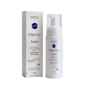 Εικόνα της συσκευασίας και της φιάλης Boderm Oliprox Foam 150 ml, σχεδιασμένη για περιποίηση του τριχωτού της κεφαλής και του σώματος, στοχεύοντας ιδιαίτερα στη Σμηγματορροϊκή Δερματίτιδα.