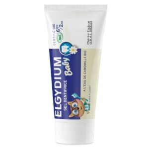 Σωληνάριο Elgydium Baby Gel 30 ml οδοντόκρεμας με νερό χαμομηλιού, για ηλικίες 0-2 ετών, με μια χαριτωμένη εικονογράφηση αρκουδάκι.