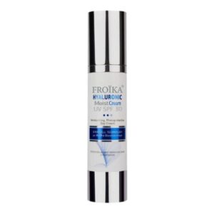 Ένα μπουκάλι 50 ml Froika Hyaluronic Moist Cream SPF30 με ασημί καπάκι, σχεδιασμένο για ενυδάτωση και φωτοπροστασία.