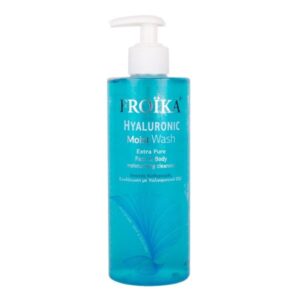 Μπουκάλι Froika Hyaluronic Moist Wash Face & Body Moisturizing Cleanser 400 ml, ένα μπλε καθαριστικό προσώπου και σώματος με λευκό διανομέα αντλίας.