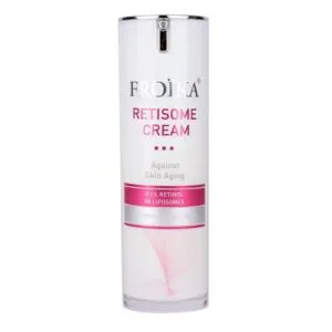 Ένα λευκό μπουκάλι 30 ml Froika Retisome Cream Pump 0,1%, με την ένδειξη "Against Skin Aging" με "0,1% Retinol in Liposomes" σε ροζ κείμενο.