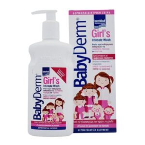 Το μπουκάλι και το κουτί της Intermed Babyderm Girl intimate wash 300 ml διαθέτουν εικόνες κοριτσιών και μητέρων, με ελληνικό κείμενο να κοσμεί τη συσκευασία.