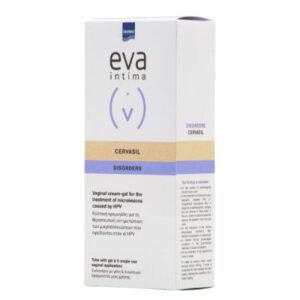 Intermed Eva Intima Cervasil Disorders Vaginal Cream-Gel 30 ml, μια θεραπεία για κολπικές ενοχλήσεις. Η συσκευασία είναι λευκή με μπλε και λεβάντες τόνους.