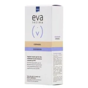 Intermed Eva Intima Cervasil Disorders Vaginal Cream-Gel 30 ml, μια θεραπεία για κολπικές ενοχλήσεις. Η συσκευασία είναι λευκή με μπλε και λεβάντες τόνους.