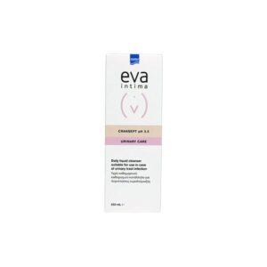 Ένα λευκό κουτί Intermed Eva Intima Cransept Urinary Care, 250 ml καθημερινό υγρό καθαριστικό με pH 3,5.