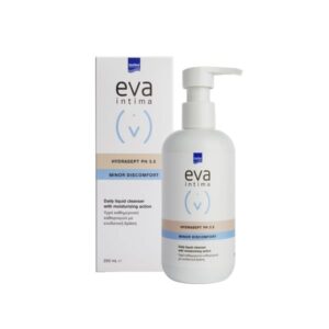 Ένα μπουκάλι Intermed Eva Intima Hydrasept pH 3,5 250 ml καθημερινό υγρό καθαριστικό δίπλα στο κουτί του, με ετικέτα για μικρή ενόχληση.