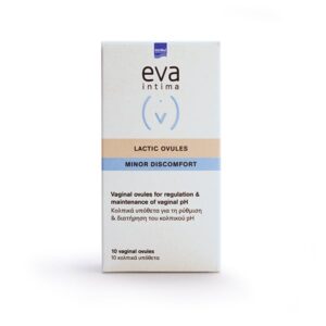 Ένα κουτί με 10 κολπικά ωάρια Intermed Eva Intima Lactic Minor Discomfort, με κείμενο στα αγγλικά και στα ελληνικά.