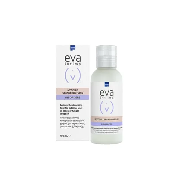 Μπουκάλι Intermed Eva Intima Mycosis Cleansing Fluid Disorders 100 ml με συσκευασία προϊόντος. Χρησιμοποιείται για τη διαχείριση μυκητιασικών διαταραχών.