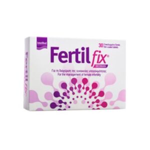 Κουτί Intermed Fertil Fix Woman 30 ταμπλέτες με μωβ και ροζ σχέδιο για τη διαχείριση της γυναικείας υπογονιμότητας, που περιέχει 30 επικαλυμμένα με λεπτό υμένιο δισκία.