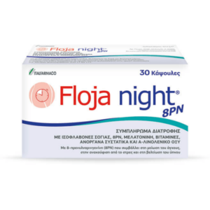 Κουτί συμπλήρωμα διατροφής ITF Floja Night 8PN 30 caps, με ελληνικό κείμενο και πληροφορίες προϊόντος.