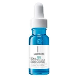 Μπλε σταγονομετρικό μπουκάλι La Roche-Posay Hyalu B5 Eye Serum 15 ml με λευκή και ασημί ετικέτα.