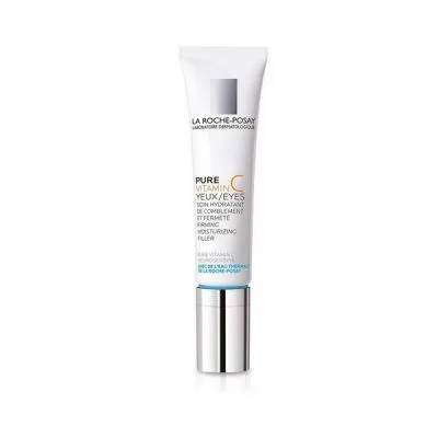 Η κρέμα La Roche Posay Pure Vitamin C Eyes 15 ml διατίθεται σε κομψό λευκό σωληνάριο με μεταλλικό ασημί καπάκι.