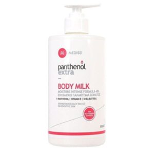 Ένα μπουκάλι 500ml Panthenol Extra Body Milk με δοσομετρητή αντλίας, ιδανικό για ευαίσθητες επιδερμίδες.