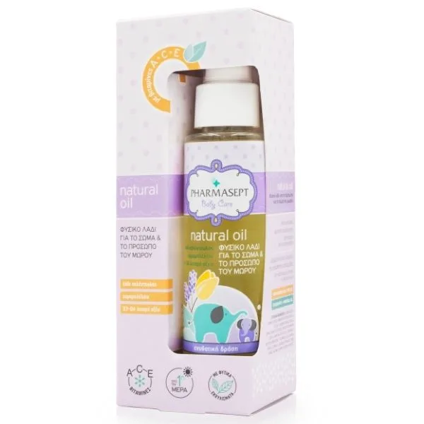 Ένα κουτί μπιμπερό Pharmasept Baby Care Natural Oil 100 ml διαθέτει γοητευτικές εικόνες και κείμενο στα Αγγλικά και στα Ελληνικά.