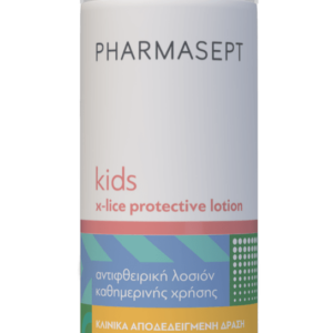 Ένα μπουκάλι 100 ml Pharmasept Kids X-lice Protective Cologne με λευκό καπάκι, ροζ και μπλε ετικέτα και ελληνικό κείμενο.