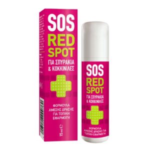 Η θεραπεία ακμής Pharmasept SOS Red Spots Roll-On 15 ml διατίθεται σε λευκό και ροζ μπουκάλι και συσκευασία κουτιού, με ελληνική ετικέτα.