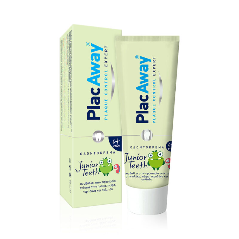 Οδοντόκρεμα Plaque Control Expert και συσκευασία με "Plac Away Junior Teeth Toothpaste 6+ ετών" με διασκεδαστικό σχέδιο βατράχου και υπέροχη γεύση πορτοκαλιού σε μέγεθος 50 ml για παιδιά ηλικίας 6+ ετών.