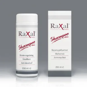 Δύο μπουκάλια Raxal Shampoo 200 ml με ετικέτες που υποδεικνύουν κερατορυθμιστικές, μαλακτικές και αντιπιτυριδικές ιδιότητες τόσο στα αγγλικά όσο και στα ελληνικά.