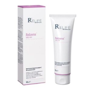 Σωληνάριο κρέμας Relife Relizema Baby Care 100 ml δίπλα στο κουτί του, με το λογότυπο και το κείμενο της μάρκας Relife.