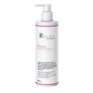 Ένα μπουκάλι 400 ml Relife Relizema Lipid-Replenishing Cleanser με δοσομετρητή αντλίας, με λεπτομέρειες προϊόντος και πληροφορίες στην ετικέτα.