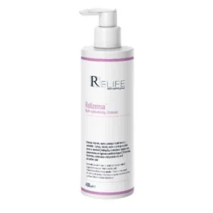 Ένα μπουκάλι 400 ml Relife Relizema Lipid-Replenishing Cleanser με δοσομετρητή αντλίας, με λεπτομέρειες προϊόντος και πληροφορίες στην ετικέτα.