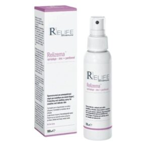 Μπουκάλι ψεκασμού Relife Relizema Spray & Go - Zinc + Panthenol 100 ml και η συσκευασία του σε κουτί με τα στοιχεία του προϊόντος στα ελληνικά και στα αγγλικά.