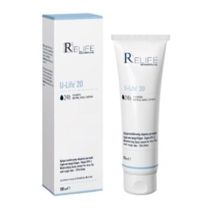 Ένα λευκό σωληνάριο με την ένδειξη "Relife U-Life 20 Moisturizing Body Cream 100 ml" βρίσκεται δίπλα στη λευκή συσκευασία του με μπλε τόνους.