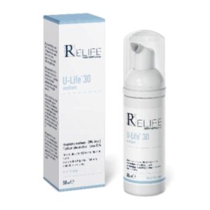 Ένα λευκό και μπλε μπουκάλι Relife U-Life 30 Ecofoam Urea 50 ml βρίσκεται δίπλα στην ασορτί συσκευασία του.