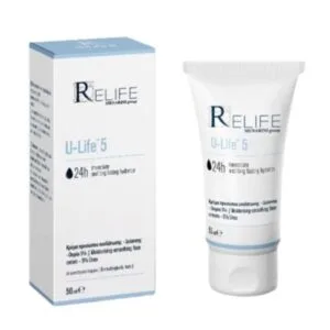 Σωληνάριο και κουτί Relife U-Life 5 Ενυδατική-Λειανση Κρέμα Προσώπου 50 ml, που προσφέρει 24ωρη ενυδάτωση.