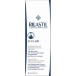Ένα κουτί Rilastil D-Clar Depigmenting Concentrate σε σταγόνες 30 ml, με λεπτομέρειες προϊόντος τόσο στα Αγγλικά όσο και στα Γαλλικά.