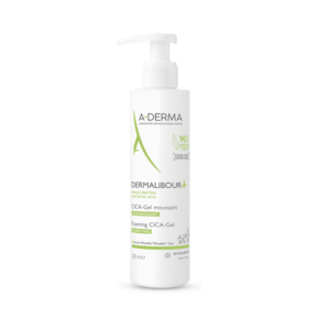 A-Derma Dermalibour Foaming CICA-Gel σε λευκό μπουκάλι αντλίας με πράσινες αποχρώσεις, 200ml, για ερεθισμένο δέρμα.