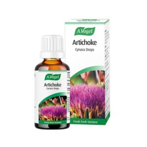 Ένα μπουκάλι A. Vogel Artichoke Cynara ρίχνει 50 ml δίπλα στο κουτί του, με μια ζωντανή εικόνα μιας ανθισμένης αγκινάρας.