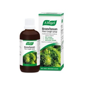 Ένα μπουκάλι 50 ml σιρόπι για τον βήχα A. Vogel Bronchosan Pine, ένα παραδοσιακό φυτικό φάρμακο για τον ξηρό, γαργαλητό, ερεθιστικό βήχα.