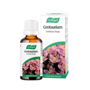 Ένα καφέ μπουκάλι με την ένδειξη "A. Vogel Centaurium 50 ml" βρίσκεται δίπλα στο κουτί του, στολισμένο με ροζ λουλούδια και πράσινο σήμα "Vogel Centaurium".