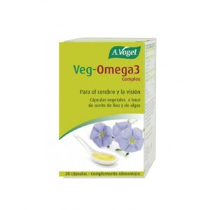 Κουτί συμπλήρωμα διατροφής A. Vogel Omega 3 Complex 30 caps με εικόνα λουλουδιών και μια κουταλιά λάδι στο μπροστινό μέρος.