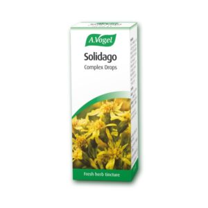 Η συσκευασία του A. Vogel Solidago Complex Drops (Nephrosolid) 50 ml παρουσιάζει ζωηρά κίτρινα άνθη και περιλαμβάνει το κείμενο «Fresh herb tincture.