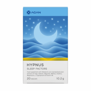 Κουτί "Agan Hypnus Sleep Factors 20 vcaps" με σχέδιο μισοφέγγαρου και αστέρια. Περιέχει 20 φυτικά καπάκια, 10,2 g συνολικά.