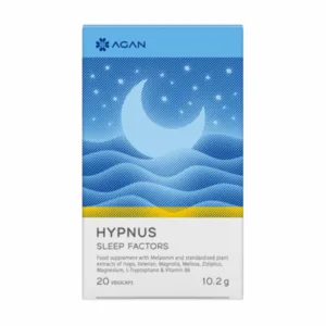 Κουτί "Agan Hypnus Sleep Factors 20 vcaps" με σχέδιο μισοφέγγαρου και αστέρια. Περιέχει 20 φυτικά καπάκια, 10,2 g συνολικά.