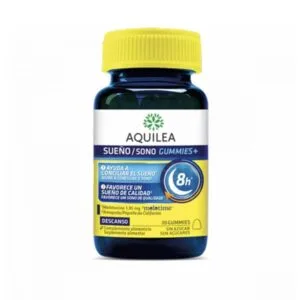 Ένα μπουκάλι Aquilea Sueno Gummies 30 ζελεδάκια με κίτρινο καπάκι και ισπανικό κείμενο που προωθεί τα οφέλη για τον ύπνο.