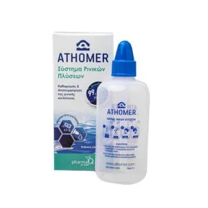 Το κουτί Athomer Σύστημα Ρινικών πλύσεων και το μπουκάλι με μπλε καπάκι είναι τοποθετημένα δίπλα-δίπλα σε λευκό φόντο.