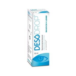 Ένα κουτί προϊόντος Bausch & Lomb Desodrop, 8 ml, φέρει ευδιάκριτα το σήμα του μαζί με μια εικόνα ματιού, τονίζοντας την αποτελεσματικότητα στην ανακούφιση από την ξηρότητα και τον ερεθισμό.