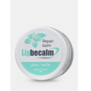 Ένα μικρό, στρογγυλό δοχείο Becalm Lipbecalm Repair Balm 10 ml με ελληνικό κείμενο και μπλε-πράσινη ετικέτα στο καπάκι.