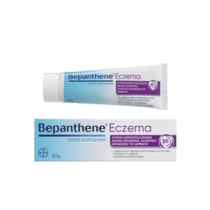 Ένα σωληνάριο 50g και κουτί με κρέμα Bepanthene Eczema με ελληνικό κείμενο, που χρησιμοποιείται για τη θεραπεία του εκζέματος και της φλεγμονής του δέρματος.