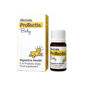 Μπουκάλι και κουτί Biogaia Protectis Drops 5 ml, με χαμογελαστό μωρό.