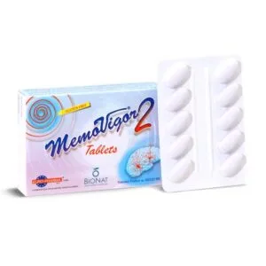 Κουτί και συσκευασία blister Bionat MemoVigor2 20 ταμπλέτες, ένα συμπλήρωμα εγκεφάλου χωρίς γλουτένη, με το λογότυπο Bionat στη συσκευασία.