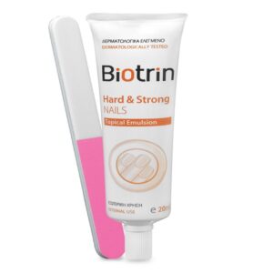 Ένα σωληνάριο Biotrin Hard & Strong Nails Topical Emulsion 20 ml κάθεται δίπλα σε ένα ροζ και γκρι λίμα νυχιών, έτοιμο για το επόμενο μανικιούρ σας.