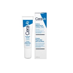 Η CeraVe Eye Repair Cream 14 ml, κομψά τοποθετημένη σε λευκό σωληνάριο, συνοδεύεται από την υπογραφή μπλε και λευκή συσκευασία της. Η συσκευασία περιλαμβάνει κείμενο σε πολλές γλώσσες, τονίζοντας την παγκόσμια απήχησή της.